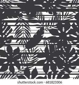 Seamless black and white various tropical leaves with horizontal glitch stripes pattern vector