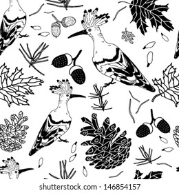 Seamless black and white vector background of hoopoe birds, cones, acorns, leaves and seeds