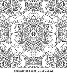 Seamless black and white vector background with mandala.  Islam, Arabic, Indian, ottoman style. Background, wallpaper, textile.  