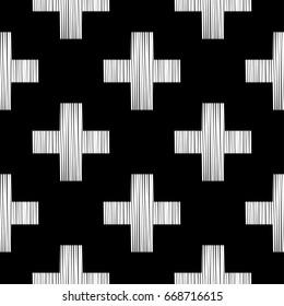 Seamless black and white vector background with abstract geometric shapes. The pluses and crosses. Wood texture. Textile rapport.