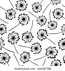 Seamless black and white vector dandelion pattern. Floral background design with taraxacum plant. Blow ball flower with heart shaped feather illustration. Print, textile, wrapping paper ornament.