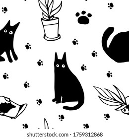 Seamless black and white vector design of cats, plants in pots and paws. Silhouettes of black cats on white background. The design is perfect for textiles, pyjamas, sheets, wallpapers, wrapping paper