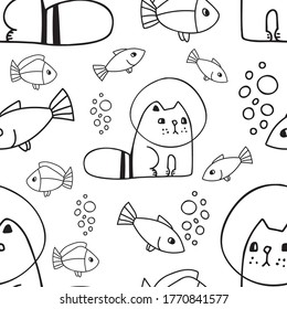 Seamless black and white vector design of lined cats underwater and fish. Silhouettes of black cats on white background. The design is perfect for textiles, pyjamas, sheets, wallpapers, wrapping paper