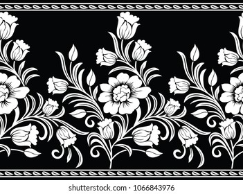 Seamless black and white vector floral border