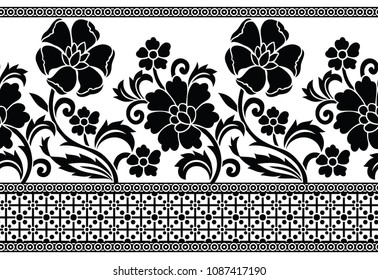 Seamless black and white vector floral border