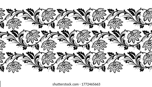 Seamless black and white vector floral border design