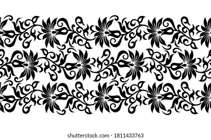 Seamless black and white vector floral border
