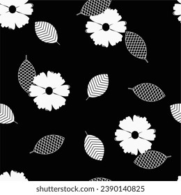 Seamless black and white vector floral pattern design with  traditional  flowers. Design for print, wrapping, wallpaper