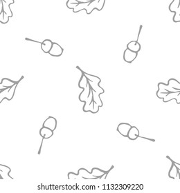 Seamless black and white vector pattern with oak leaves and acorns.
