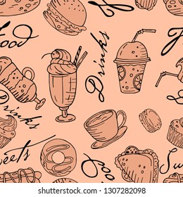 Seamless black and white vector pattern with food and drinks.