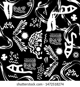 Seamless black and white vector pattern inspired by Day of the Dead. Skulls, sceletons, floral ornaments and abstract elements on dark background. Ethnic design collection.