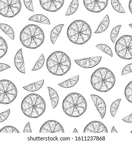 Seamless black and white vector pattern of hand drawn citrus slices and pieces on white background