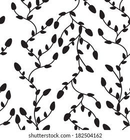 Seamless black and white vector pattern from tree branches and leaves