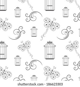 Seamless black and white vector pattern from tree branches, butterflies and bird cages