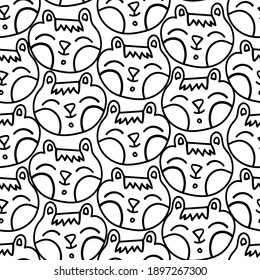 Seamless black and white vector pattern design of lined cute ornamental abstract cats. The design is perfect for textiles, backgrounds, decorations, wallpaper, wrapping paper, banner