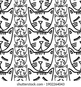 Seamless black and white vector pattern design of lined cute ornamental abstract cats. The design is perfect for textiles, backgrounds, decorations, wallpaper, wrapping paper, banner