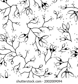 Seamless black and white vector pattern with bud bloom branches of cherry and apple tree on texture background. Elegant and luxurious feminine spring floral illustration is silhouette ink pen drawing.