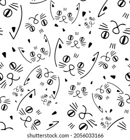 Seamless black and white vector pattern design of lined ornamental cartoon abstract cats snouts. The design is perfect for textiles, backgrounds, decorations, wallpaper, wrapping paper, banner