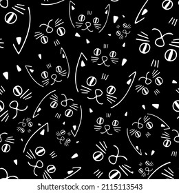 Seamless black and white vector pattern design of lined ornamental cartoon abstract cats snouts. The design is perfect for textiles, backgrounds, decorations, wallpaper, wrapping paper, banner