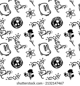 Seamless black and white vector pattern for Easter with bunnies and eggs.Repeating ornament on transparent background in doodle style.Design for wrapping paper,fabric,packaging,textiles,wallpaper.   