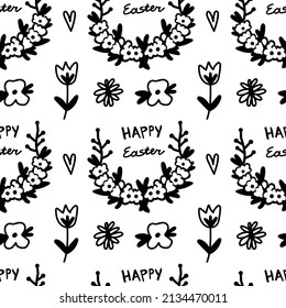 Seamless black and white vector pattern for Easter with flowers. Repeating ornament on transparent background in doodle style. Design for wrapping paper, fabric, packaging, textiles, wallpaper.  