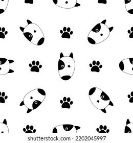 Seamless Black And White Vector Pattern With Cute Hand Drawn Dog With Paws In Doodle Style. Isolated On White Background.