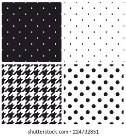 Seamless black and white vector pattern or tile background set with big and small polka dots and houndstooth tartan.