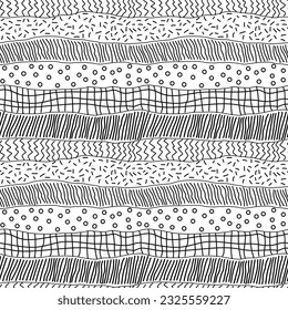 Seamless black and white vector pattern of doodle textures arranged in casual rows. Whimsical monochrome shabby chic repeating texture.