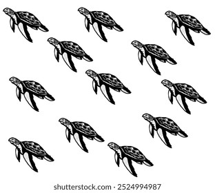 A seamless black and white vector pattern featuring multiple sea turtles swimming. Ideal for marine-themed designs, tattoos, or fabric prints, showcasing a minimalist and artistic aquatic life concept