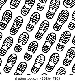 Seamless black and white vector pattern featuring hand-drawn soles of shoes in various styles and tread textures