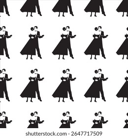 A seamless black and white vector pattern of an elegant couple dancing in formal wear.
