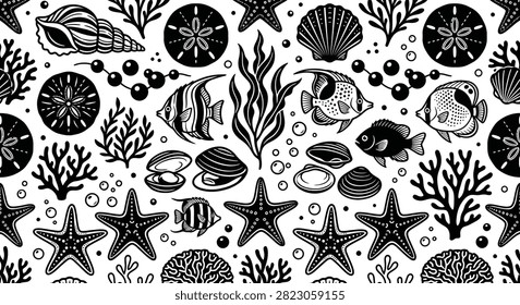 Seamless black and white vector pattern featuring tropical fish, starfish, seashells, sand dollars, and coral. Elegant nautical background for textile design. Clean bold marine life icons.