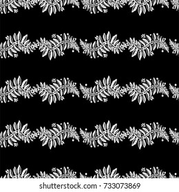 Seamless black and white vector pattern with hand drawn leaves