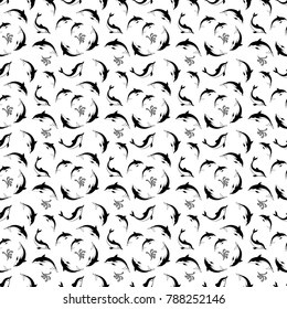 Seamless Black and White Vector Pattern Design with Jumping Dolphins Isolated on White Background