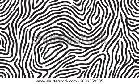 Seamless black and white vector pattern featuring organic wavy lines in a fingerprint or zebra texture style ideal for modern backgrounds