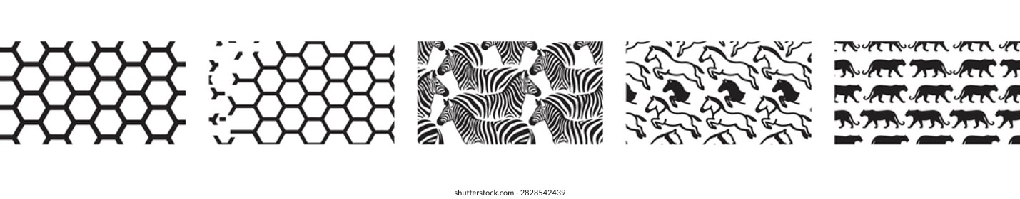 Seamless black and white vector patterns featuring geometric honeycomb and animal silhouettes like zebras and horses for creative design and background use