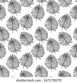 Seamless black and white vector tropical leaves line pattern