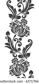 Nahtlose schwarz-weiße senkrechte Blumenverzierungen. Vektor-Retro-Grenzdesign.