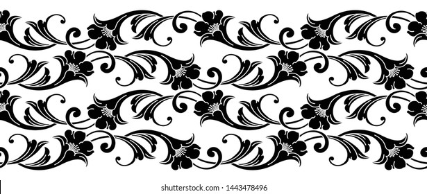 Seamless black and white victorian vector floral border