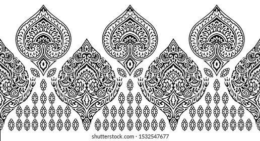 Seamless black and white vintage damask floral border