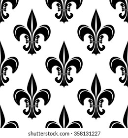 Seamless black and white vintage fleur-de-lis pattern with royal lilies adorned by swirls and curved petals. For heraldry or interior wallpaper design usage