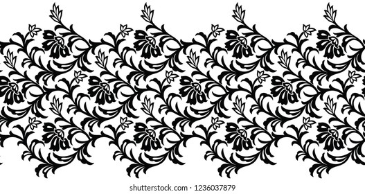Seamless black and white vintage floral border