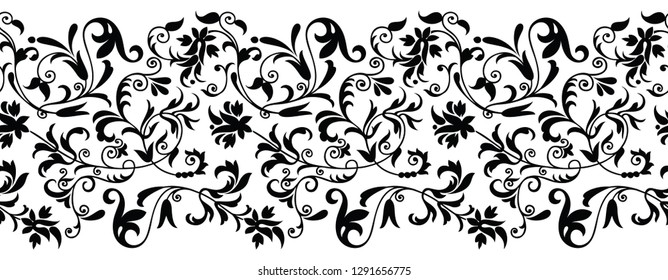 Seamless black and white vintage floral border