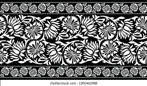 Seamless black and white vintage floral border