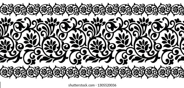 Seamless black and white vintage floral border