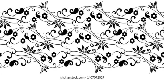 Seamless black and white vintage floral border