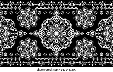 Seamless black and white vintage floral border