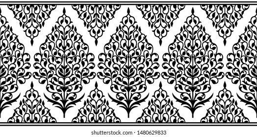 Seamless black and white vintage floral border