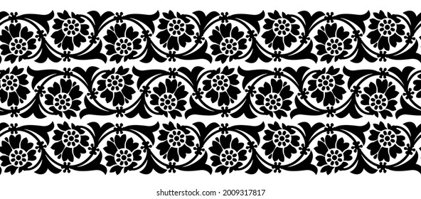 Seamless black and white vintage floral border