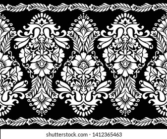 Seamless black and white vintage flower border